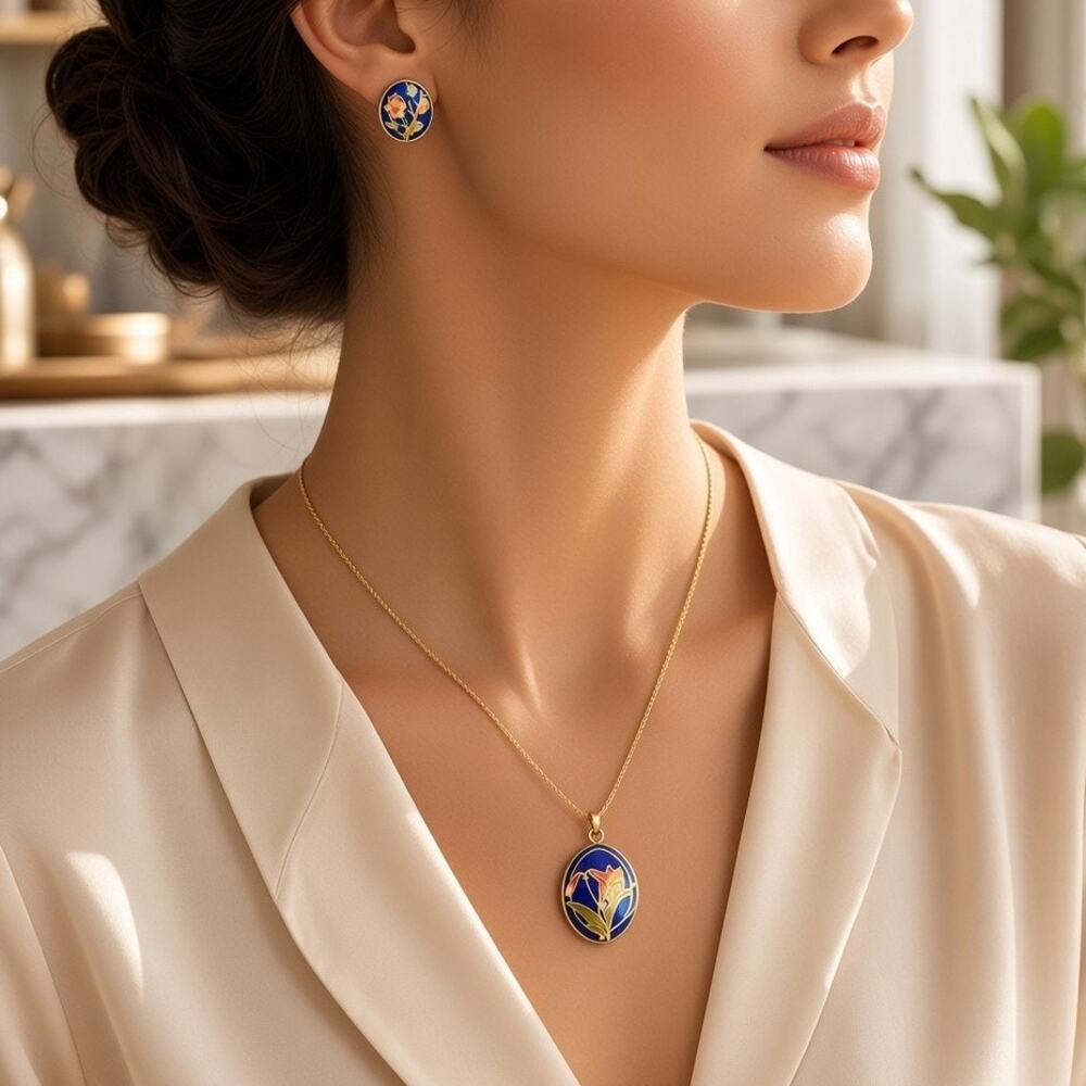 Vintage Cloisonne Necklace Earrings Set Cobalt Blue Floral Gold Tone